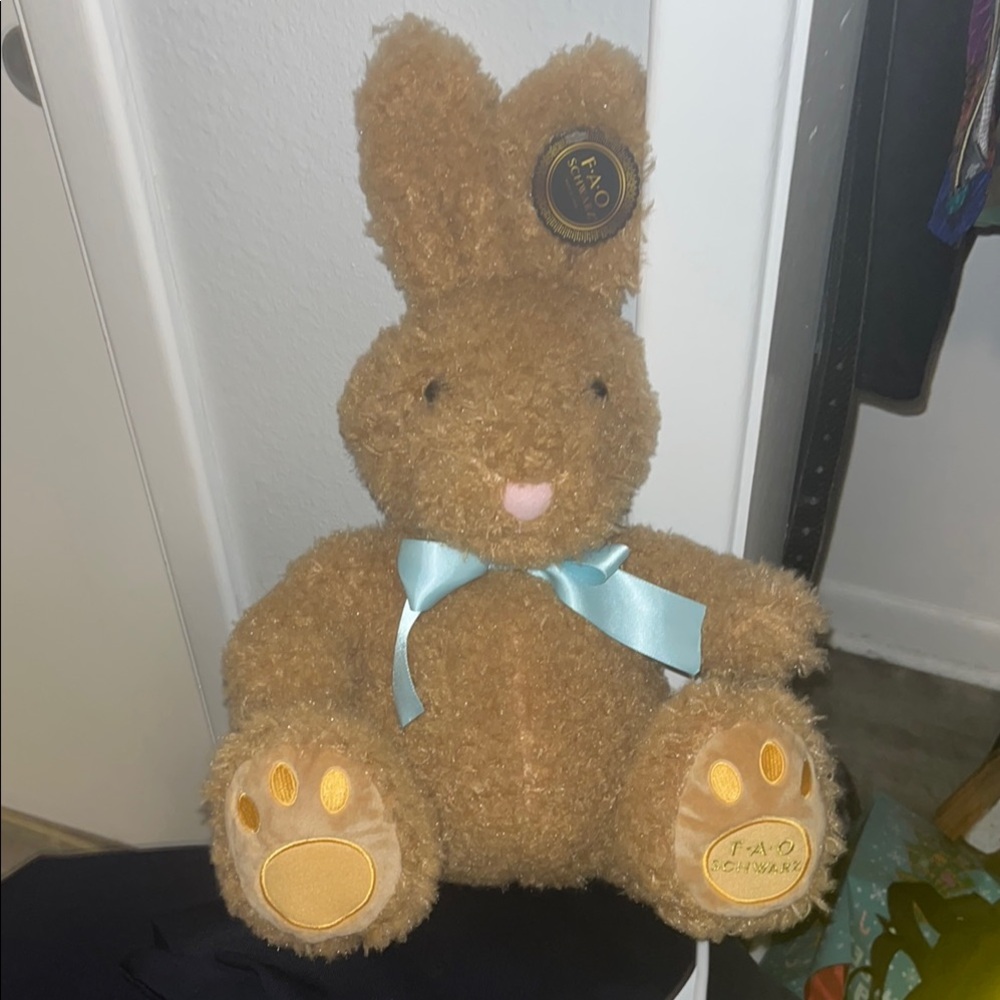 FAO Schwarz Brown Plush Bunny with Blue Bow